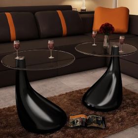 Coffee Tables 2 pcs with Round Glass Top High Gloss Black