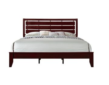 1pc King Size Brown Cherry Finish Panel Bed Geometric Design Frame Softly Curved Headboard Wooden Bedroom Furniture