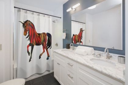 Fabric Shower Curtain , White And Unicorn