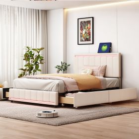 Full Size Upholstered Bed with LED Light and 4 Drawers, Modern Platform Bed with a set of Sockets and USB Ports, Linen Fabric, Beige