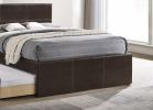 Twin Size Bed w/ Trundle Slats Espresso Faux Leather Plywood Kids Youth Bedroom Furniture Wooden Slats Clean lines Upholstered Headboard 1pc Bed