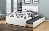 Full Size Bed w/ Trundle Slats White Faux Leather Upholstered Plywood Kids Youth Bedroom Furniture wooden Slats