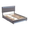 Full Size Upholstered Bed with LED Light and 4 Drawers, Modern Platform Bed with a set of Sockets and USB Ports, Linen Fabric, Gray