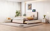 Full Size Upholstered Bed with LED Light and 4 Drawers, Modern Platform Bed with a set of Sockets and USB Ports, Linen Fabric, Beige
