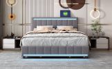 Queen Size Upholstered Bed with LED Light and 4 Drawers, Modern Platform Bed with a set of Sockets and USB Ports, Linen Fabric, Beige