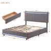 Full Size Upholstered Bed with LED Light and 4 Drawers, Modern Platform Bed with a set of Sockets and USB Ports, Linen Fabric, Gray