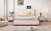 Full Size Upholstered Bed with LED Light and 4 Drawers, Modern Platform Bed with a set of Sockets and USB Ports, Linen Fabric, Beige