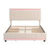 Full Size Upholstered Bed with LED Light and 4 Drawers, Modern Platform Bed with a set of Sockets and USB Ports, Linen Fabric, Beige