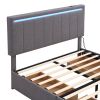 Full Size Upholstered Bed with LED Light and 4 Drawers, Modern Platform Bed with a set of Sockets and USB Ports, Linen Fabric, Gray
