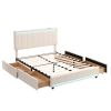 Full Size Upholstered Bed with LED Light and 4 Drawers, Modern Platform Bed with a set of Sockets and USB Ports, Linen Fabric, Beige