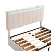 Full Size Upholstered Bed with LED Light and 4 Drawers, Modern Platform Bed with a set of Sockets and USB Ports, Linen Fabric, Beige