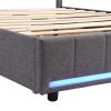 Full Size Upholstered Bed with LED Light and 4 Drawers, Modern Platform Bed with a set of Sockets and USB Ports, Linen Fabric, Gray