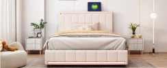 Full Size Upholstered Bed with LED Light and 4 Drawers, Modern Platform Bed with a set of Sockets and USB Ports, Linen Fabric, Beige