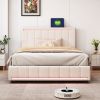 Full Size Upholstered Bed with LED Light and 4 Drawers, Modern Platform Bed with a set of Sockets and USB Ports, Linen Fabric, Beige