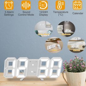 3D LED Digital Wall Clock Sound Control Table Desk Alarm Clock w/ 3 Auto Adjustable Brightness Snooze (Color: White)