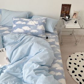 Simple Cloud Bed Sheet Quilt Cover All Cotton Washed Cotton Four-piece Set (Option: Clouds Like Water Blue-180CM Fitted Sheet 200X230cm)