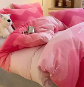 Simple Gradient Color Bed Four Sets Of Cotton Pure Cotton (Option: Gradient wavy red-1.8m bed head 2m)
